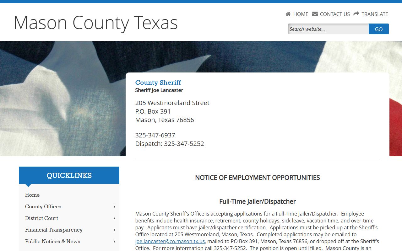Mason County Jail sheriff office page and inmate contact details